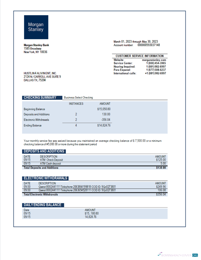 Download Morgan Stanley Bank organization account statement Word and PDF template Photoshop template